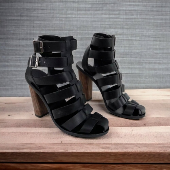 Vince Sandals Caged Strappy Nicolette Womens 8M 38 Black Leather Block High Heel - Picture 2 of 16